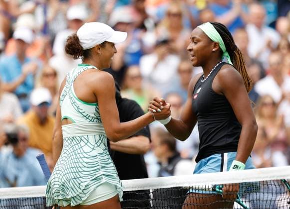 30th June 2023; Devonshire Park, Eastbourne, East Sussex, England: Rothesay International Eastbourne, Day 5, Madison Keys (USA) shakes hands with Coco Gauff (USA) after the match  ActionPlus12525188 HongboxChen