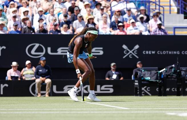 30th June 2023; Devonshire Park, Eastbourne, East Sussex, England: Rothesay International Eastbourne, Day 5, Coco Gauff (USA) plays a forehand against Madison Keys (USA)  ActionPlus12525172 HongboxChen