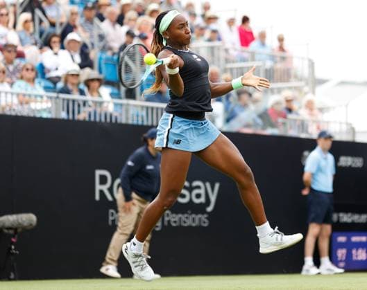30th June 2023; Devonshire Park, Eastbourne, East Sussex, England: Rothesay International Eastbourne, Day 5, Coco Gauff (USA) plays a forehand against Madison Keys (USA)  ActionPlus12525179 HongboxChen