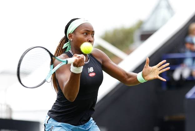 30th June 2023; Devonshire Park, Eastbourne, East Sussex, England: Rothesay International Eastbourne, Day 5, Coco Gauff (USA) plays a forehand against Madison Keys (USA)  ActionPlus12525181 HongboxChen