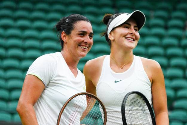 Mandatory Credit: Photo by Javier Garcia Shutterstock (13987396h) Ons Jabeur and Bianca Andreescu pose for a photo after practice Wimbledon Tennis Championship Practice and Previews, The All England Lawn Tennis and Croquet Club, London, UK - 30 Jun 2023 Wimbledon Tennis Championship Practice and Previews, The All England Lawn Tennis and Croquet Club, London, UK - 30 Jun 2023  Copyright: xJavierxGarcia Shutterstockx 13987396h