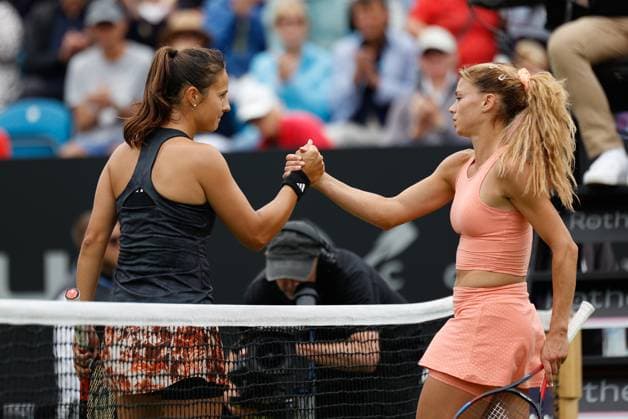 30th June 2023; Devonshire Park, Eastbourne, East Sussex, England: Rothesay International Eastbourne, Day 5, womens singles semi-final: Daria Kasatkina shakes hands with Camila Giorgi (ITA)  ActionPlus12525286 HongboxChen