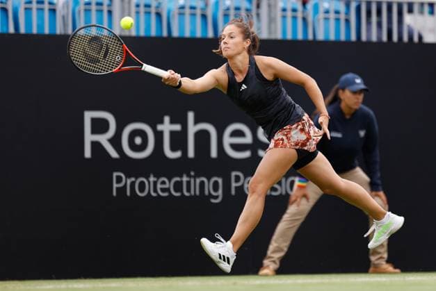 30th June 2023; Devonshire Park, Eastbourne, East Sussex, England: Rothesay International Eastbourne, Day 5, womens singles semi-final: Daria Kasatkina plays a forehand against Camila Giorgi (ITA)  ActionPlus12525263 HongboxChen