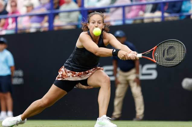 30th June 2023; Devonshire Park, Eastbourne, East Sussex, England: Rothesay International Eastbourne, Day 5, womens singles semi-final: Daria Kasatkina plays a backhand against Camila Giorgi (ITA)  ActionPlus12525268 HongboxChen