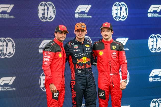 FORMULA 1 - GP of Austria 2023 SPIELBERG,AUSTRIA,30.JUN.23 - MOTORSPORTS, FORMULA 1 - Grand Prix of Austria, Red Bull Ring, practice and qualifying. Image shows Carlos Sainz (ESP Ferrari), Max Verstappen (NED Red Bull Racing) and Charles Leclerc (MON Ferrari).  GEPAxpictures xManfredxBinder