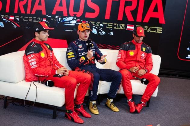 LECLERC Charles (mco), Scuderia Ferrari SF-23, VERSTAPPEN Max (ned), Red Bull Racing RB19, SAINZ Carlos (spa), Scuderia Ferrari SF-23, portrait during the 2023 Formula 1 Rolex Grosser Preis von Osterreich, 2023 Austrian Grand Prix, 9th round of the 2023 Formula One World Championship, WM, Weltmeisterschaft from June 30 to July 2, 2023 on the Red Bull Ring, in Spielberg, Austria - F1 - AUSTRIAN GRAND PRIX 2023 DPPI Panoramic 00123022_GOOD2377