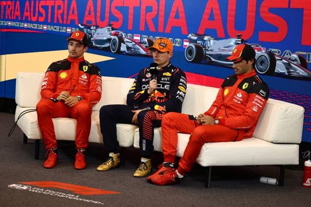 F1 Austrian Grand Prix 2023 Practice And Qualifying Charles Leclerc of Ferrari, Max Verstappen of Red Bull Racing and Carlos Sainz of Ferrari during press conference, PK, Pressekonferenz after qualifying ahead of the Formula 1 Austrian Grand Prix at Red Bull Ring in Spielberg, Austria on June 30, 2023. Spielberg Austria  Copyright: xJakubxPorzyckix originalFilename:porzycki-f1austri230630_npR1t.jpg
