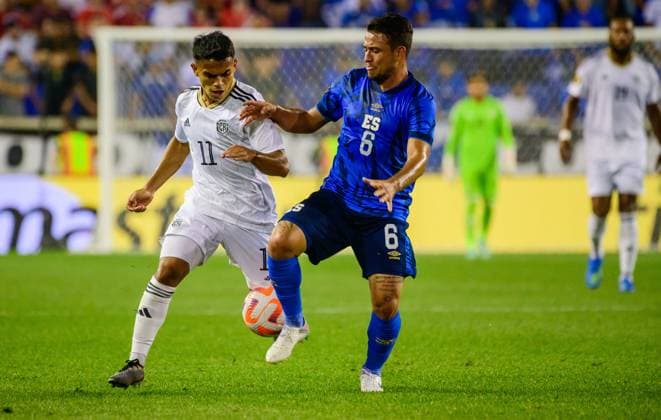 June 30, 2023, Harrrison, New Jersey, U.S: June 30, 2023, Harrison NJ- El Salvador player BRAYAN LANDAVERDE (6) in action against Costa Rica player, AARON SUAREZ (11) during the CONCACAF game held at the RedBull Arena Harrrison U.S. - ZUMArf1_ 20230630_zaf_rf1_023 Copyright: xRickyxFitchettx