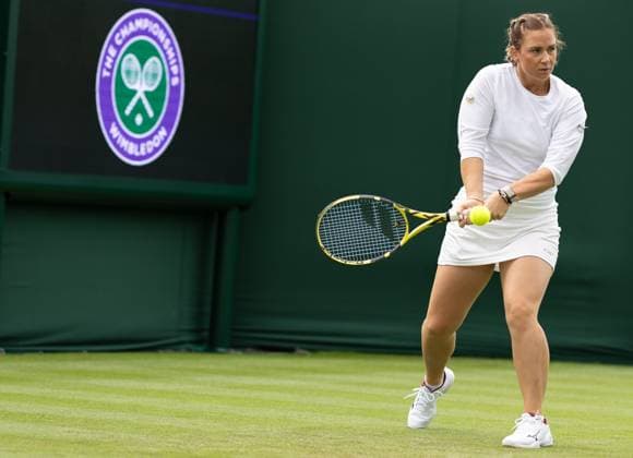 Belgian Ysaline Bonaventure pictured in action during a training session ahead of the 2023 Wimbledon grand slam tennis tournament at the All England Tennis Club, in south-west London, Britain, Saturday 01 July 2023. BENOITxDOPPAGNE  x69841153x
