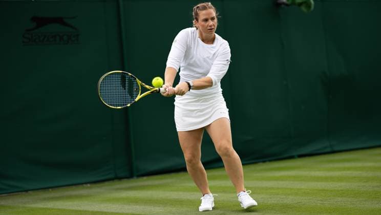 Belgian Ysaline Bonaventure pictured in action during a training session ahead of the 2023 Wimbledon grand slam tennis tournament at the All England Tennis Club, in south-west London, Britain, Saturday 01 July 2023. BENOITxDOPPAGNE  x69841161x