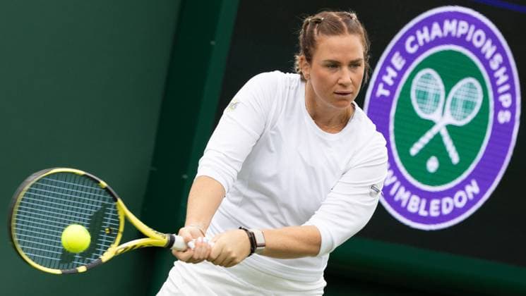 Belgian Ysaline Bonaventure pictured in action during a training session ahead of the 2023 Wimbledon grand slam tennis tournament at the All England Tennis Club, in south-west London, Britain, Saturday 01 July 2023. BENOITxDOPPAGNE  x69841174x