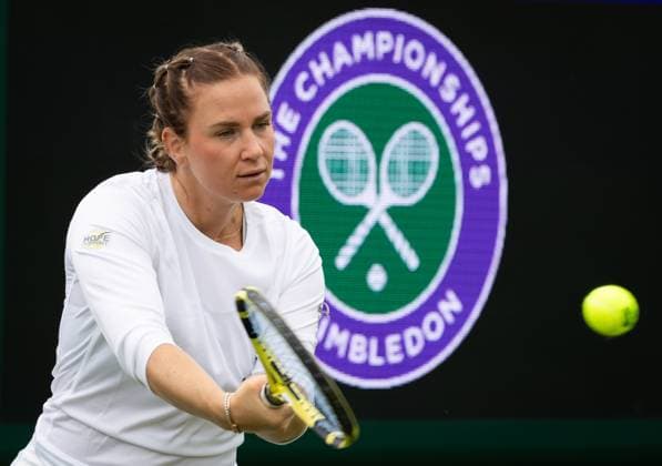 Belgian Ysaline Bonaventure pictured in action during a training session ahead of the 2023 Wimbledon grand slam tennis tournament at the All England Tennis Club, in south-west London, Britain, Saturday 01 July 2023. BENOITxDOPPAGNE  x69841182x