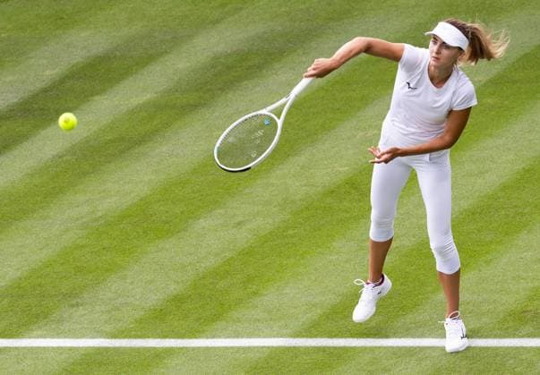 Belgian Maryna Zanevska pictured in action during a training session ahead of the 2023 Wimbledon grand slam tennis tournament at the All England Tennis Club, in south-west London, Britain, Saturday 01 July 2023. BENOITxDOPPAGNE  x69841203x