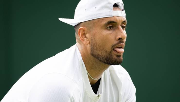 Australian Nick Kyrgios reacts during a training session ahead of the 2023 Wimbledon grand slam tennis tournament at the All England Tennis Club, in south-west London, Britain, Saturday 01 July 2023. BENOITxDOPPAGNE  x69841304x