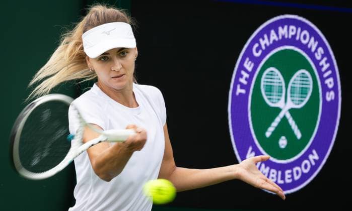 Belgian Maryna Zanevska pictured in action during a training session ahead of the 2023 Wimbledon grand slam tennis tournament at the All England Tennis Club, in south-west London, Britain, Saturday 01 July 2023. BENOITxDOPPAGNE  x69841380x