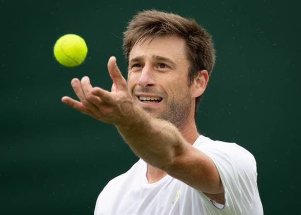 Belgian Sander Gille pictured in action during a training session ahead of the 2023 Wimbledon grand slam tennis tournament at the All England Tennis Club, in south-west London, Britain, Saturday 01 July 2023. BENOITxDOPPAGNE  x69842751x