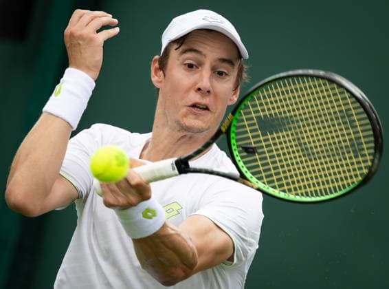 Belgian Joran Vliegen pictured in action during a training session ahead of the 2023 Wimbledon grand slam tennis tournament at the All England Tennis Club, in south-west London, Britain, Saturday 01 July 2023. BENOITxDOPPAGNE  x69842813x