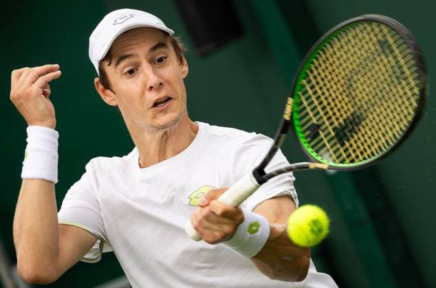 Belgian Joran Vliegen pictured in action during a training session ahead of the 2023 Wimbledon grand slam tennis tournament at the All England Tennis Club, in south-west London, Britain, Saturday 01 July 2023. BENOITxDOPPAGNE  x69842839x