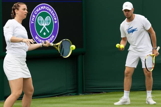 Ysaline Bonaventure and her coach Hugo Guerreiro pictured during a training session ahead of the 2023 Wimbledon grand slam tennis tournament at the All England Tennis Club, in south-west London, Britain, Saturday 01 July 2023. BENOITxDOPPAGNE  x69843004x