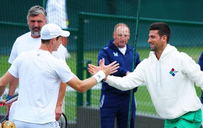 Mandatory Credit: Photo by Javier Garcia Shutterstock (13987399ac) Andy Murray practices with Novak Djokovic Wimbledon Tennis Championship Practice and Previews, The All England Lawn Tennis and Croquet Club, London, UK - 01 Jul 2023 Wimbledon Tennis Championship Practice and Previews, The All England Lawn Tennis and Croquet Club, London, UK - 01 Jul 2023  Copyright: xJavierxGarcia Shutterstockx 13987399ac