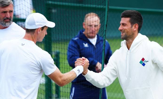 Mandatory Credit: Photo by Javier Garcia Shutterstock (13987399ae) Andy Murray practices with Novak Djokovic Wimbledon Tennis Championship Practice and Previews, The All England Lawn Tennis and Croquet Club, London, UK - 01 Jul 2023 Wimbledon Tennis Championship Practice and Previews, The All England Lawn Tennis and Croquet Club, London, UK - 01 Jul 2023  Copyright: xJavierxGarcia Shutterstockx 13987399ae