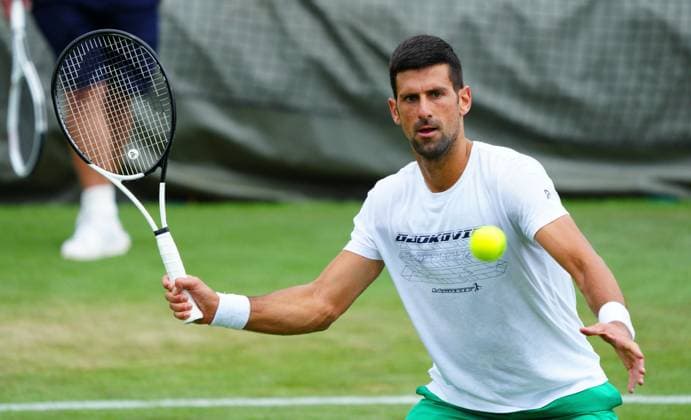Mandatory Credit: Photo by Javier Garcia Shutterstock (13987399cc) Novak Djokovic practices Wimbledon Tennis Championship Practice and Previews, The All England Lawn Tennis and Croquet Club, London, UK - 01 Jul 2023 Wimbledon Tennis Championship Practice and Previews, The All England Lawn Tennis and Croquet Club, London, UK - 01 Jul 2023  Copyright: xJavierxGarcia Shutterstockx 13987399cc