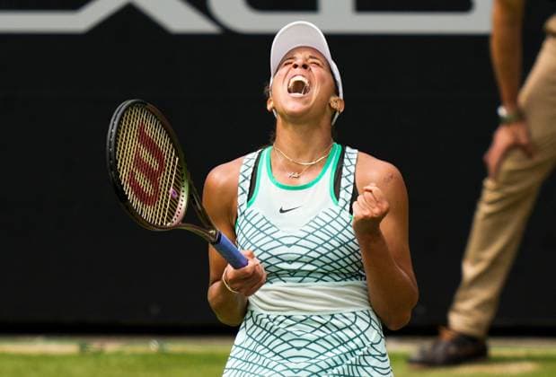 Mandatory Credit: Photo by Dave Shopland Shutterstock (13984806c) USA s Madison Keys celebrates winning match point in the Final Rothesay International Eastbourne, Tennis, Day Six, Devonshire Park, Eastbourne, UK - 01 Jul 2023 Rothesay International Eastbourne, Tennis, Day Six, Devonshire Park, Eastbourne, UK - 01 Jul 2023 Copyright: xDavexShopland Shutterstockx 13984806c