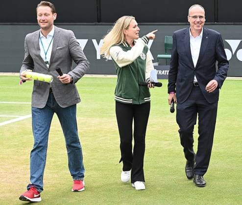 01 07 2023 Tennis, WTA, Bad Homburg Open 2023 Final Lucia Bronzetti ITA vs Katerina Siniakova Czech Republic Picture shows Bad Homburgs Lord Mayor Alexander W Hetjes, presenter, Peter Beuth Hessian Minister of the Interior and for Sport emspor, DFL regulations prohibit any use of photographs as image sequences and or quasi video