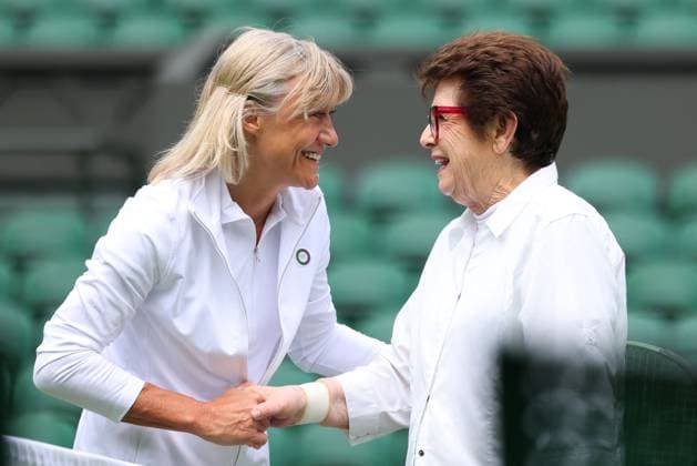 1st July 2023; All England Lawn Tennis and Croquet Club, London, England: Wimbledon Tennis Tournament Practice Day; Billie Jean King shakes hands with Debbie Jevans on centre court  ActionPlus12525573 ShaunxBrooks