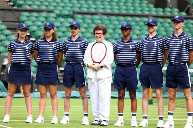 1st July 2023; All England Lawn Tennis and Croquet Club, London, England: Wimbledon Tennis Tournament Practice Day; Billie Jean King is photographed with the ball boys and girls  ActionPlus12525574 ShaunxBrooks