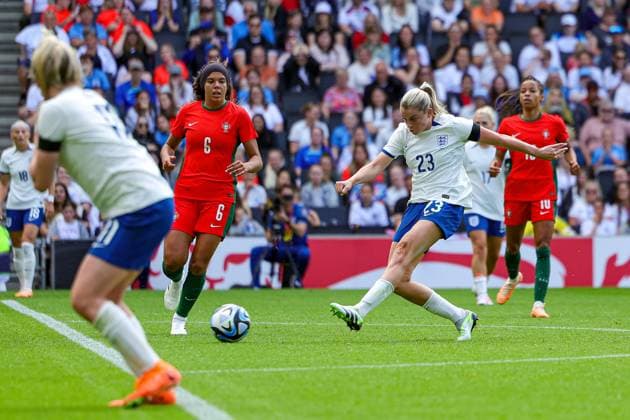 England Women v Portugal Friendly 01 07 2023. Women s International Alessia Russo (23) of England shoots towards the goal during the Friendly match between England Women and Portugal at stadium:mk, Milton Keynes, England on 1 July 2023. Editorial use only , Copyright: xNigelxKeenex PSI-17585-0036