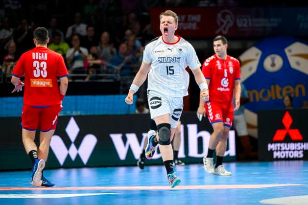 Berlin, 29 June 2023 Handball U21 World Cup Final Semi-Final Germany Serbia Justus Fischer Germany TSV Hannover Burgdorf Jubel Freude Emotion Torjubel Goal Scorer Berlin Max Schmeling Halle Berlin Germany