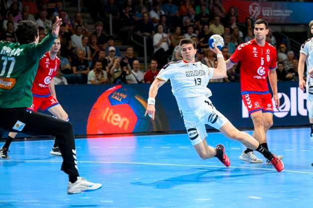 Berlin, 29 June 2023 Handball U21 World Cup Final Semifinal Germany Serbia v li Luka Krivokapic Serbia , Renars Uscins Germany TSV Hannover Burgdorf Berlin Max Schmeling Halle Berlin Germany