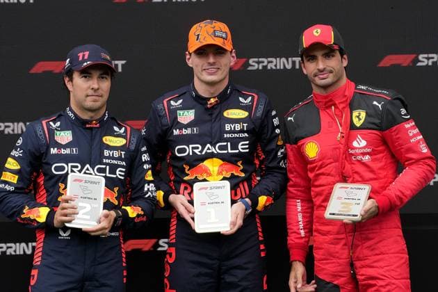 Formula 1 Rolex Austrian Grand Prix 2023 01 07 2023, Red Bull Ring , Spielberg, Formula 1 Rolex Austrian Grand Prix 2023 , in picture winner Max Verstappen NLD , Oracle Red Bull Racing M , 2nd place for Sergio Perez MEX , Oracle Red Bull Racing L , 3rd place for Carlos Sainz Jr ESP , Scuderia Ferrari R nordphotoxGmbHx xBratic nph00250