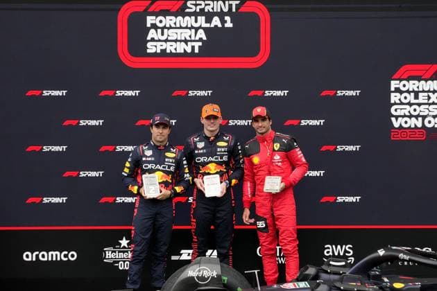 Formula 1 Rolex Austrian Grand Prix 2023 01 07 2023, Red Bull Ring , Spielberg, Formula 1 Rolex Austrian Grand Prix 2023 , in picture winner Max Verstappen NLD , Oracle Red Bull Racing M , 2nd place for Sergio Perez MEX , Oracle Red Bull Racing L , 3rd place for Carlos Sainz Jr ESP , Scuderia Ferrari R nordphotoxGmbHx xBratic nph00250