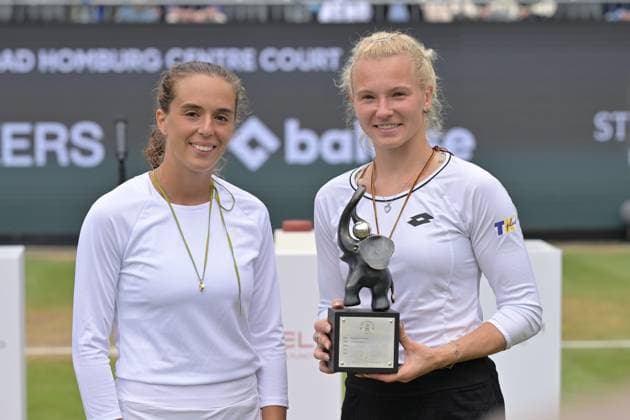 01 07 2023, xbrx, Tennis Bad Homburg Open WTA 250, emspor, v l FINALS, 2 place, 2nd place, Bronzetti, Lucia ITA , 1 place, 1st place, Siniakova, Katerina CZE , award ceremony, ceremony, smiles, smile, smile Bad Homburg