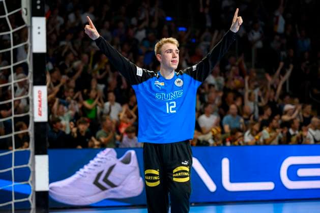 Berlin, 01 June 2023 Handball U21 World Cup Final Semifinal Germany Serbia Goalkeeper Lasse Ludwig Germany VfL Potsdam Jubel Freude Emotion Berlin Max Schmeling Halle Berlin Germany