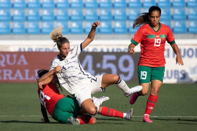 Emma Severini of Italy, Sarah Kassi and Sakina Ouzraoui of Morocco in action during the WomenÃ‚Â s International Friendly, Länderspiel, Nationalmannschaft match between Italy and Morocco at Stadio Paolo Mazza on July 01, 2023 in Ferrara, Italy. Ã‚ Photo: Cinzia Camela.  Copyright: xCinziaxCamela IPAxSportx xipa-agx xIPAxSportx 0 IPA_IPA38995177