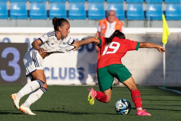 Lisa Boattin of Italy and Sakina Ouzraoui of Morocco in action during the WomenÃ‚Â s International Friendly, Länderspiel, Nationalmannschaft match between Italy and Morocco at Stadio Paolo Mazza on July 01, 2023 in Ferrara, Italy. Ã‚ Photo: Cinzia Camela.  Copyright: xCinziaxCamela IPAxSportx xipa-agx xIPAxSportx 0 IPA_IPA38995195