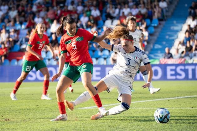 Benedetta Glionna of Italy and Nesryne El Chad of Morocco in action during the WomenÃ‚Â s International Friendly, Länderspiel, Nationalmannschaft match between Italy and Morocco at Stadio Paolo Mazza on July 01, 2023 in Ferrara, Italy. Ã‚ Photo: Cinzia Camela.  Copyright: xCinziaxCamela IPAxSportx xipa-agx xIPAxSportx 0 IPA_IPA38995219
