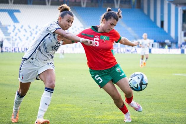 Arianna Caruso of Italy and Nesryne El Chad of Morocco in action during the WomenÃ‚Â s International Friendly, Länderspiel, Nationalmannschaft match between Italy and Morocco at Stadio Paolo Mazza on July 01, 2023 in Ferrara, Italy. Ã‚ Photo: Cinzia Camela.  Copyright: xCinziaxCamela IPAxSportx xipa-agx xIPAxSportx 0 IPA_IPA38995232