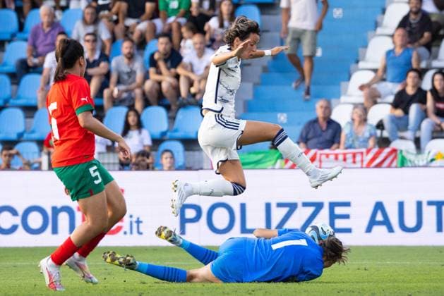 Valentina Giacinti of Italy and goalkeeper Khadija Errmichi of Morocco in action during the WomenÃ‚Â s International Friendly, Länderspiel, Nationalmannschaft match between Italy and Morocco at Stadio Paolo Mazza on July 01, 2023 in Ferrara, Italy. Ã‚ Photo: Cinzia Camela.  Copyright: xCinziaxCamela IPAxSportx xipa-agx xIPAxSportx 0 IPA_IPA38995233