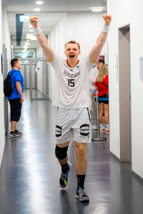 Berlin, 01 July 2023 Handball U21 World Cup Final Semifinal Germany Serbia Justus Fischer Germany TSV Hannover Burgdorf Jubel Freude Emotion Berlin Max Schmeling Halle Berlin Germany