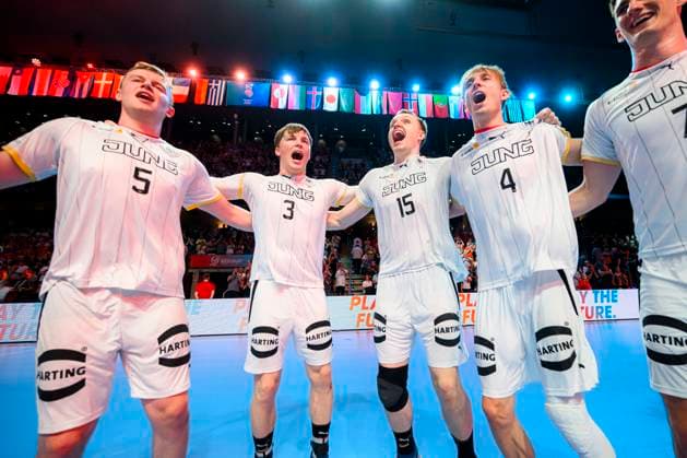 Berlin, 01 July 2023 Handball U21 World Cup Final Semifinal Germany Serbia Moritz Sauter Germany VfL Potsdam , Nils Lichtlein Germany VfL Potsdam , Justus Fischer Germany TSV Hannover Burgdorf , Mathis Häseler Haeseler Germany Berlin Max Schmeling Halle Berlin Germany