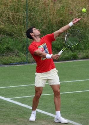 2nd July 2023; All England Lawn Tennis and Croquet Club, London, England: Wimbledon Tennis Tournament Practice Day; Carlos Alcaraz (ESP) serves  ActionPlus12526281 JohnxPatrickxFletcher