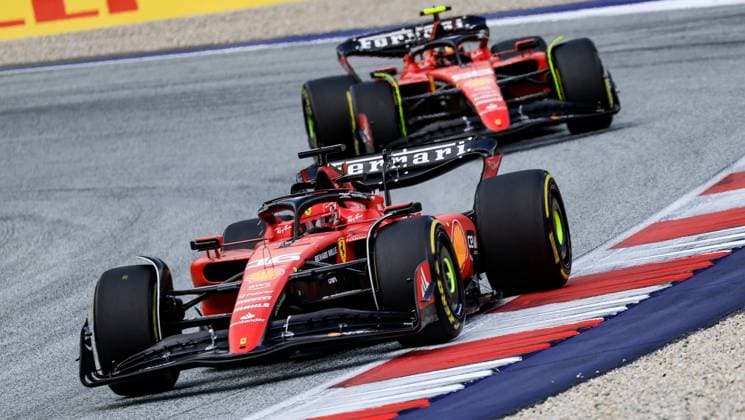 FORMULA 1 - GP of Austria 2023 SPIELBERG,AUSTRIA,02.JUL.23 - MOTORSPORTS, FORMULA 1 - Grand Prix of Austria, Red Bull Ring. Image shows Charles Leclerc (MON Ferrari) and Carlos Sainz (ESP Ferrari).  GEPAxpictures xMarioxBuehner