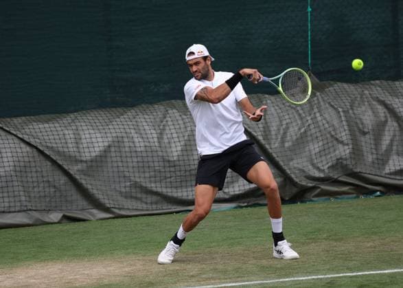 2nd July 2023; All England Lawn Tennis and Croquet Club, London, England: Wimbledon Tennis Tournament Practice Day; Matteo Berrettini (ITA) with a forehand shot  ActionPlus12526334 JohnxPatrickxFletcher