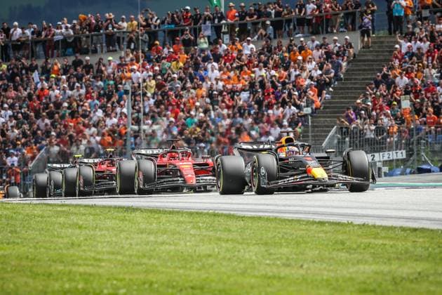 FORMULA 1 - GP of Austria 2023 SPIELBERG,AUSTRIA,02.JUL.23 - MOTORSPORTS, FORMULA 1 - Grand Prix of Austria, Red Bull Ring. Image shows Max Verstappen (NED Red Bull Racing), Charles Leclerc (MON Ferrari), Carlos Sainz (ESP Ferrari), Fernando Alonso (ESP Aston Martin).  GEPAxpictures xManfredxBinder