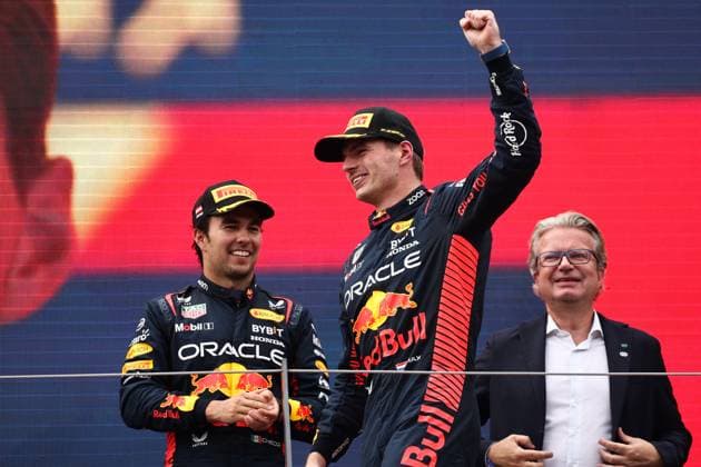 F1 Austrian Grand Prix 2023 Sergio Perez and Max Verstappen of Red Bull Racing at the podium after the Formula 1 Austrian Grand Prix at Red Bull Ring in Spielberg, Austria on July 2, 2023. Spielberg Austria  Copyright: xJakubxPorzyckix originalFilename:porzycki-f1austri230702_npwIM.jpg