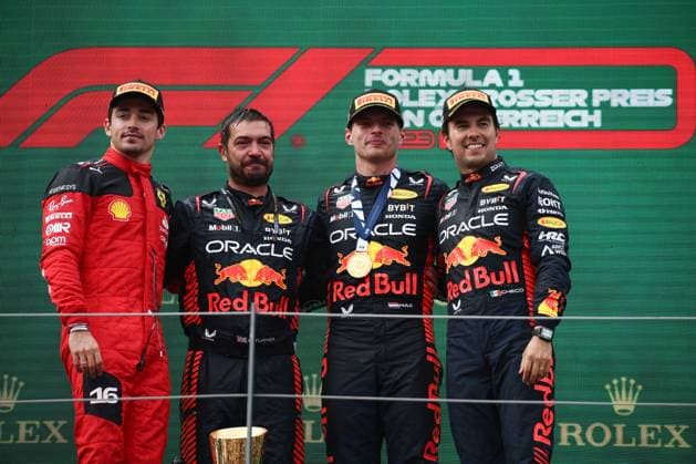 F1 Austrian Grand Prix 2023 Charles Leclerc of Ferrari, Max Verstappen and Sergio Perez of Red Bull Racing at the podium after the Formula 1 Austrian Grand Prix at Red Bull Ring in Spielberg, Austria on July 2, 2023. Spielberg Austria  Copyright: xJakubxPorzyckix originalFilename:porzycki-f1austri230702_npcHw.jpg